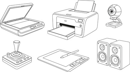 Collection of office and computer peripherals including a scanner printer webcam joystick graphics tablet and speakers isolated on white background © Zohaib