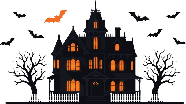 Spooky halloween day haunted house illustration with bats and trees for festive decorations