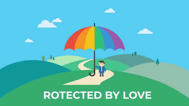 Flat vector illustration of a rainbow umbrella protecting a loving couple, symbolizing LGBTQ+ rights, equality, diversity, inclusion, safety and unconditional love.