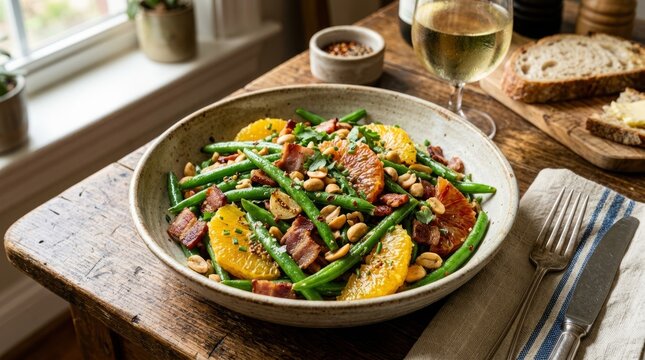 Fresh green bean salad with citrus and crispy bacon served with bread and wine.