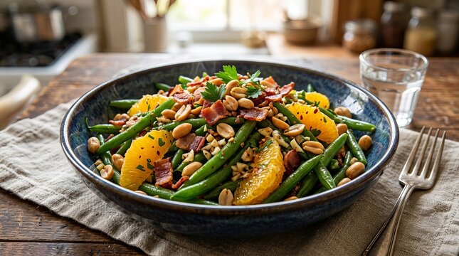 Fresh green bean salad with orange slices, peanuts, and crispy bacon bits in a rustic kitchen setting.