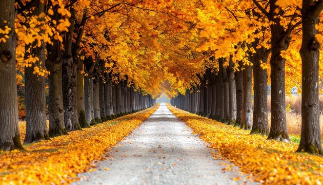With nobody around, a tranquil path stretches through a majestic tunnel of golden autumn trees, evoking warm nostalgia and peaceful transition in a scenic country landscape.