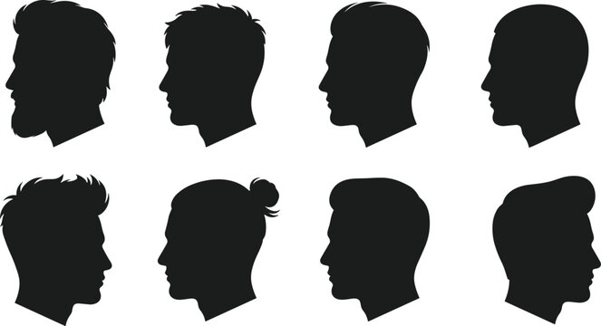 Set of eight black male head silhouettes in profile view displaying various modern hairstyles including man buns and faded haircuts