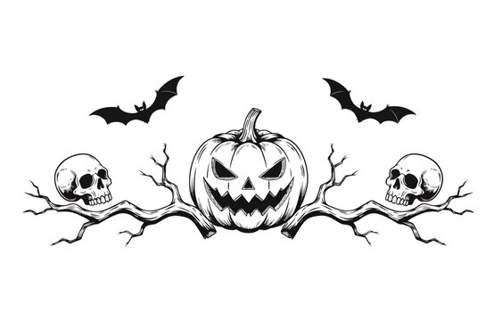 Halloween horizontal banner with spooky jack-o'-lantern pumpkin, skulls, and bats, hand drawn line art illustration.
