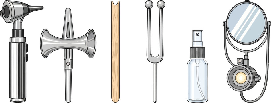 Collection of medical diagnostic tools including an otoscope tuning forks and a mirror for healthcare and medical concepts isolated on white