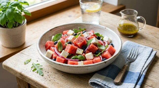 Refreshing watermelon and feta salad with fresh herbs and red onion, a perfect summer dish.