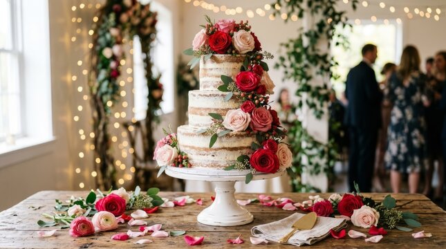 Elegant tiered wedding cake adorned with fresh roses and greenery, ready for celebration.