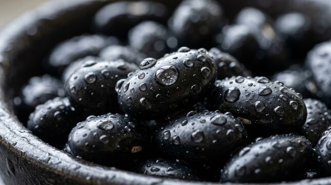 Close-up of fresh black beans glistening with water droplets in a rustic bowl