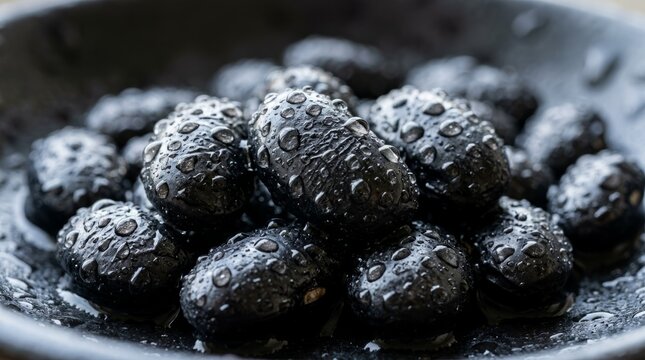 Close-up of glistening black beans with water droplets, ready for cooking