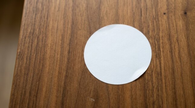 Blank white sticker on a warm wooden surface, ready for personalization.