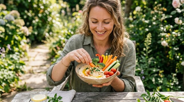 Smiling woman enjoys healthy vegetable dip outdoors on a sunny day