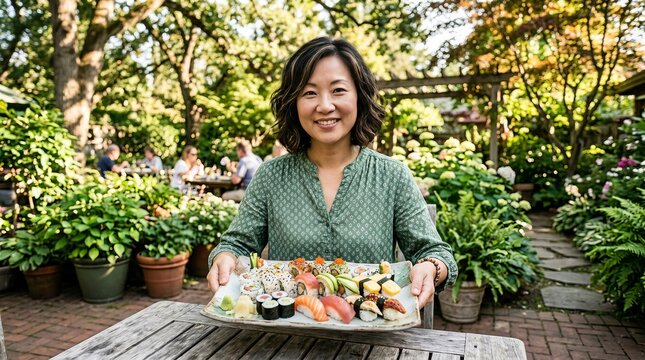 Smiling woman proudly presents a platter of fresh sushi in a beautiful garden setting.