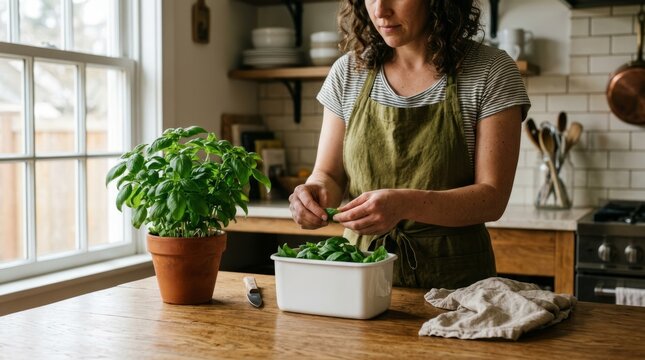Woman harvesting fresh basil from potted plant in bright kitchen