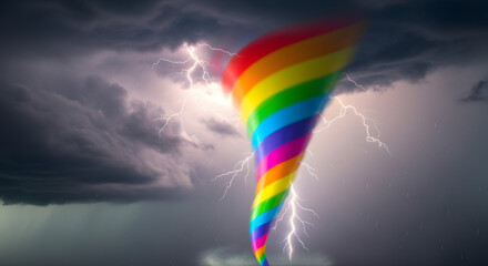 Obraz premium Surreal Digital Illustration of a Vibrant Rainbow Tornado Spiraling Down from a Dark Stormy Sky with Lightning