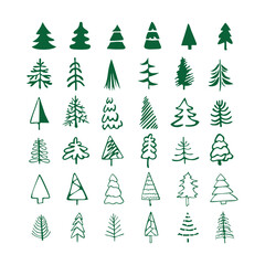 Obraz premium Flat design evergreen forest tree icon set for Christmas, nature, and outdoor graphics