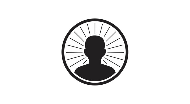 Silhouette profile inside circular sunburst badge