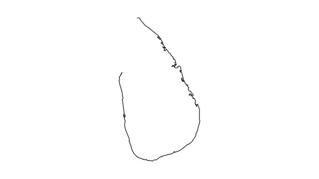 Continuous line drawing of Sri Lanka map silhouette animated on white screen background.