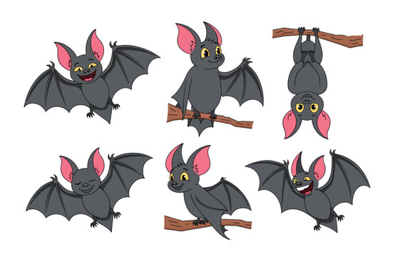 Cute cartoon bat character set, funny little bats flying and hanging on a branch vector collection.