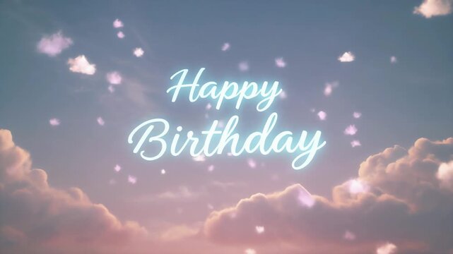 Soft cloud-themed animation displays Happy Birthday message floating amidst serene clouds