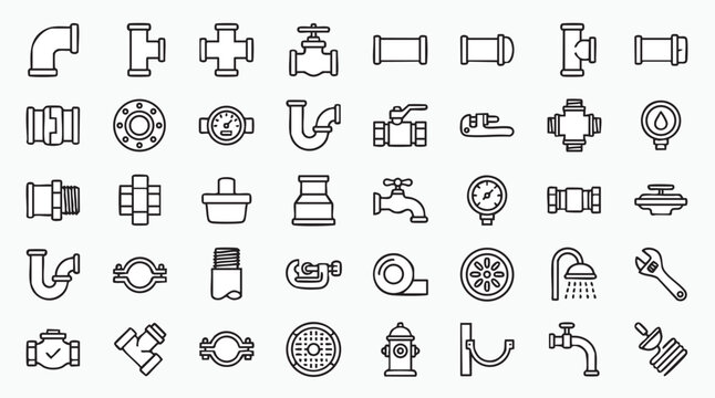 Plumbing Icon Set Vector Illustration, Pipe and Pipeline Line Icons, Faucet Valve Wrench Fire Hydrant Hose Shower Head Fitting Connector Outline Symbols for Plumbing and Construction Design