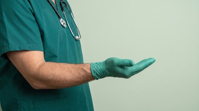 Professional Surgeon in Green Scrubs Extending Gloved Hand Palm Up for Medical Procedure