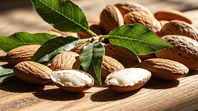 Close up of fresh raw almonds with green leaves on a textured wooden surface showcasing healthy food