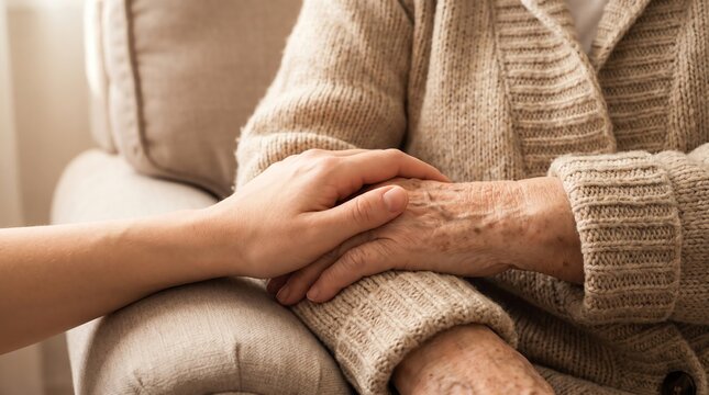 Close-up of a young person's hand gently holding an elderly person's arm, symbolizing care and connection