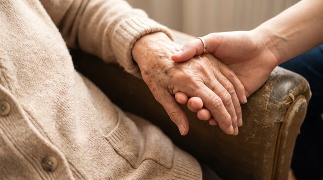 Caring hands of a younger person gently holding the arm of an elderly individual, conveying compassion and support