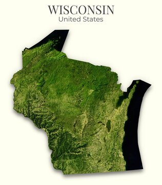 Wisconsin shaded relief map, 3D terrain map illustration of Wisconsin, United States, hillshaded physical geography. Elements of this image derived from NASA imagery and SRTM dataset.