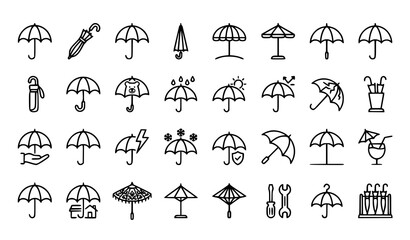 Umbrella thin line vector icon set with weather beach parasol rain protection and outline umbrella symbols isolated on white background © Jahangir
