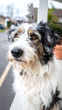 This beautiful outdoor closeup portrait of a loyal, scruffy mixedbreed dog with expressive brown eyes captures a heartwarming concept of pet companionship, with nobody else around.