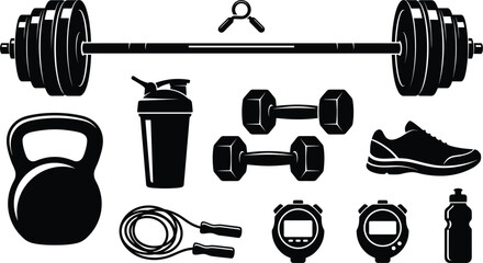 Fitness gym icon set vector illustration featuring barbell kettlebell dumbbell protein shaker jumping rope stopwatch sneaker silhouette clip art © Rakib