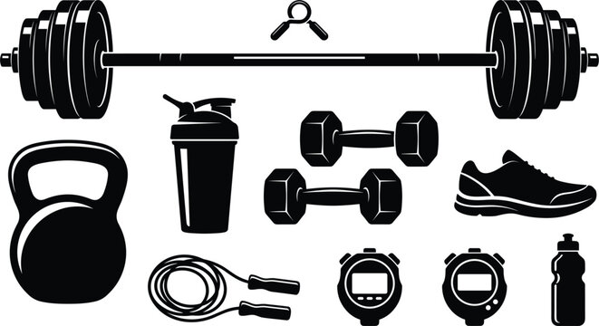 Fitness gym icon set vector illustration featuring barbell kettlebell dumbbell protein shaker jumping rope stopwatch sneaker silhouette clip art
