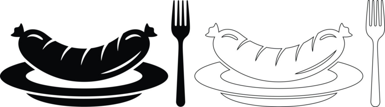 Sausage and fork icon vector illustration set with breakfast silhouette restaurant illustration isolated