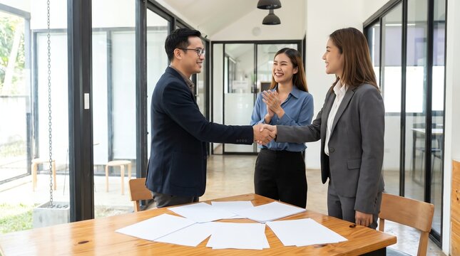 Professional business partners shaking hands after finalizing a successful deal in a modern office environment with a colleague observing
