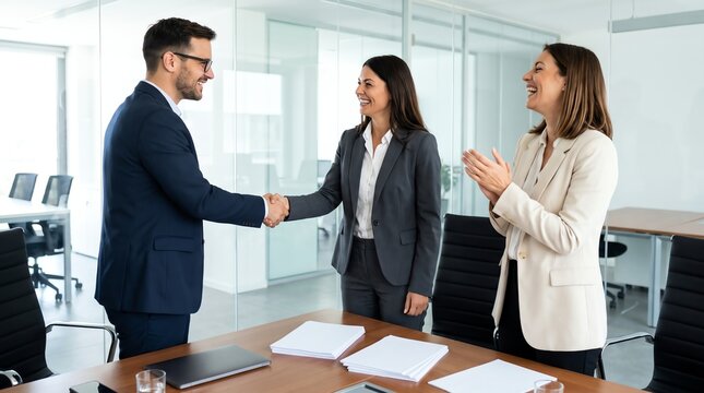 Professional business partners shaking hands and celebrating a successful agreement in a modern corporate boardroom office