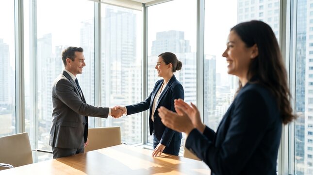 Professional Businesspeople Shaking Hands in a Modern Office Boardroom After a Successful Meeting