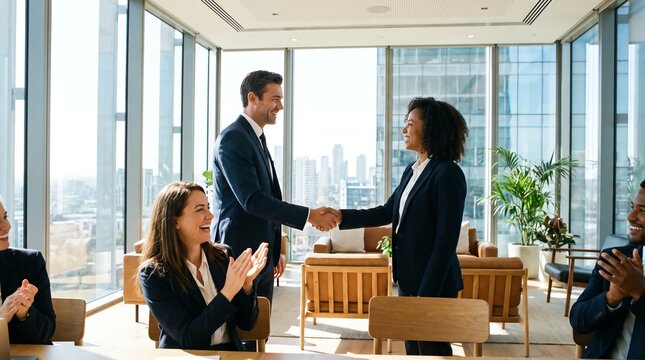 Professional business handshake in boardroom between diverse team celebrating successful deal and corporate partnership
