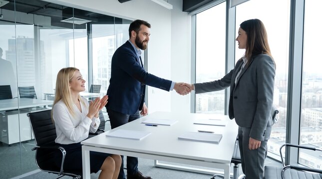 Business professionals shaking hands after successful meeting in bright modern corporate office environment