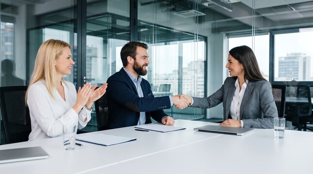 Business professionals shaking hands after successful meeting in modern office environment with team member applauding partnership