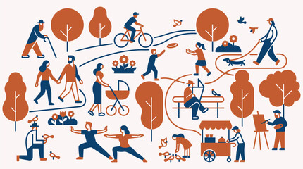 Flat vector illustration of diverse people engaging in various recreational outdoor activities within a colorful autumn city park setting