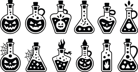 Naklejka premium Halloween Magic Potion Bottle Silhouette Icons Vector