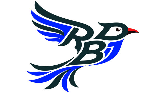 Creative bird logo with integrated letters rdb in blue and Black flying stylized bird graphic design icon for branding corporate identity isolated on transparent background abstract vector illustratio