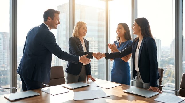 Diverse Professional Business Executives Shaking Hands to Finalize a Successful Corporate Partnership Agreement in a Modern Office Boardroom