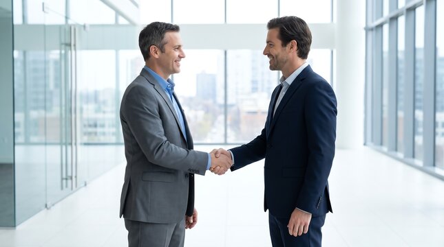 Professional Businessmen Shaking Hands Agreement in Modern Corporate Office Interior