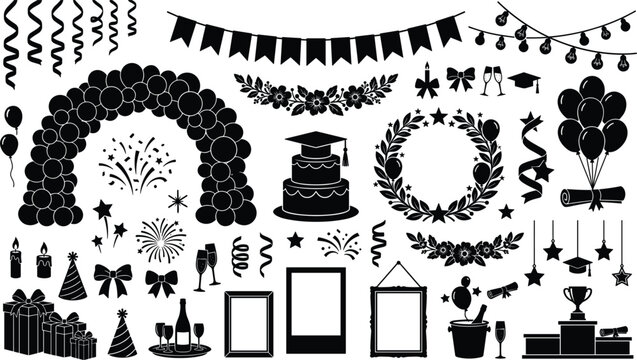 Graduation party celebration icon set vector illustration featuring balloon arch bunting garland cake confetti champagne gifts fireworks trophy silhouette clip art