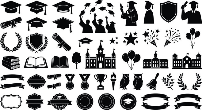 Graduation school ceremony element icon set vector illustration featuring graduation cap diploma scroll laurel wreath shield trophy banner silhouette clip art