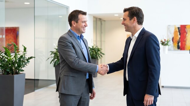 Two professional male executives shaking hands in a modern office hallway, symbolizing a successful business agreement and partnership