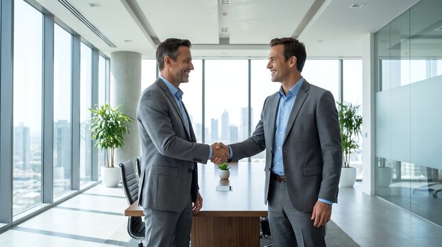 Two smiling businessmen in suits shaking hands in a modern office boardroom with large windows overlooking a cityscape
