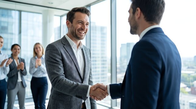 Professional Businessmen Shaking Hands During a Successful Office Negotiation with Colleagues Applauding in the Background